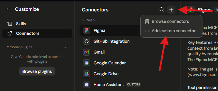 Claude's Connectors screen with Add custom connector in the plus menu