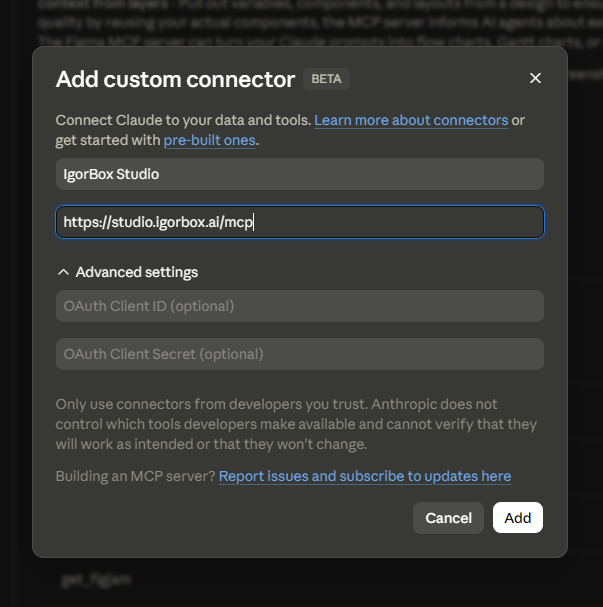 Claude's Add custom connector dialog with the name and URL filled in