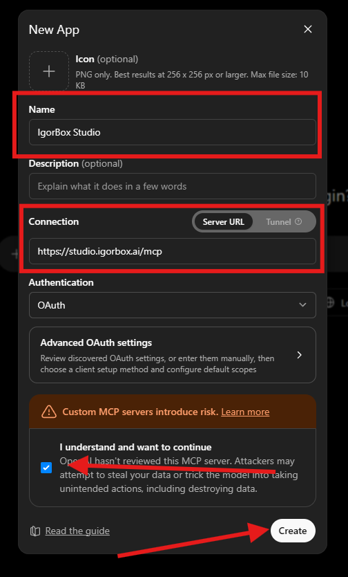 The ChatGPT New App form with the IgorBox Studio name and server URL filled in