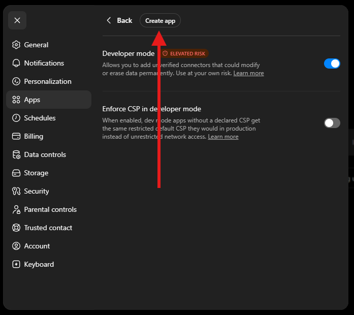The Create app button on the ChatGPT Apps screen