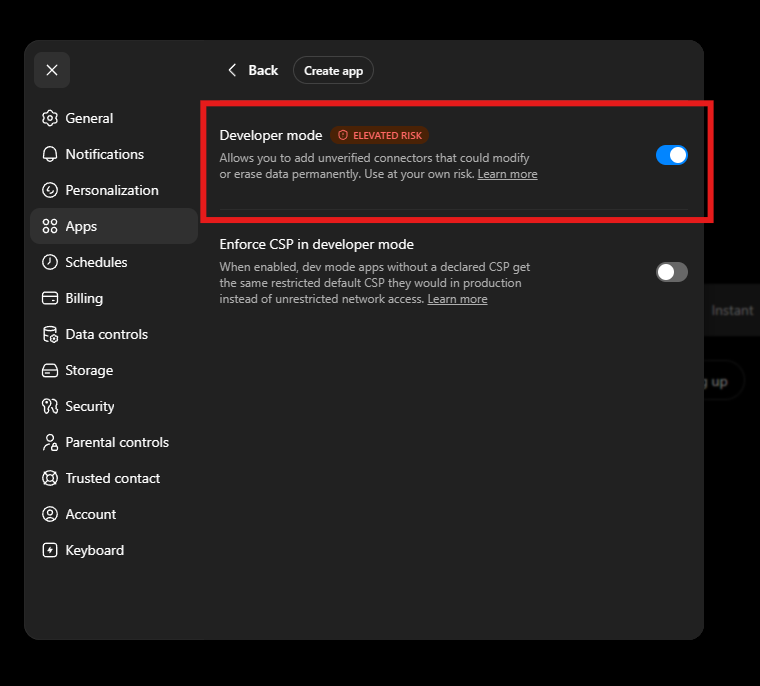 ChatGPT Settings, Apps, with Developer mode switched on