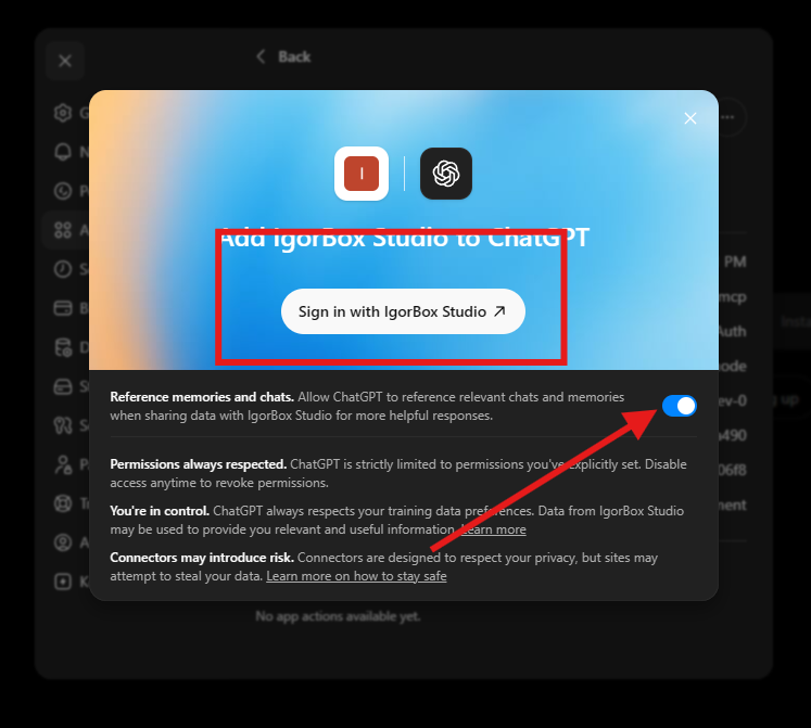 The Add IgorBox Studio to ChatGPT dialog with the Sign in with IgorBox Studio button