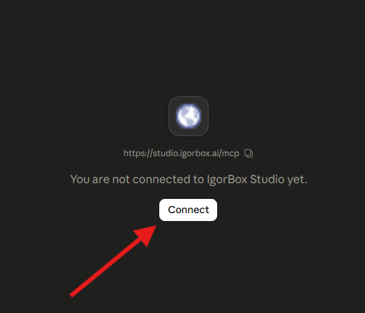 The IgorBox Studio connector in Claude with the Connect button
